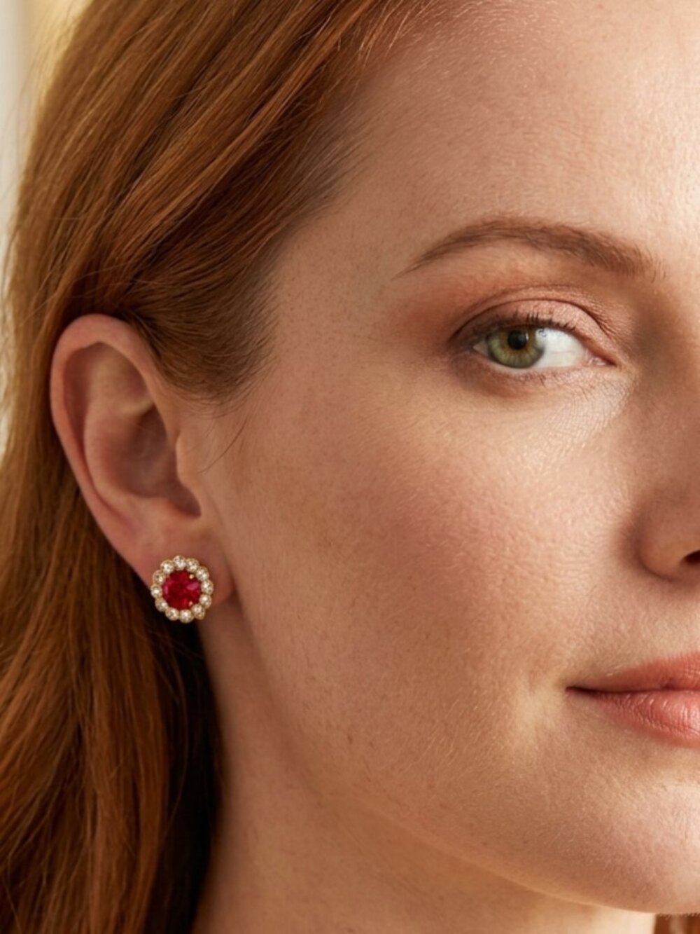 Gold Tone Stud Earrings Pierced Red and Clear Rhinestone - Picture 6 of 10